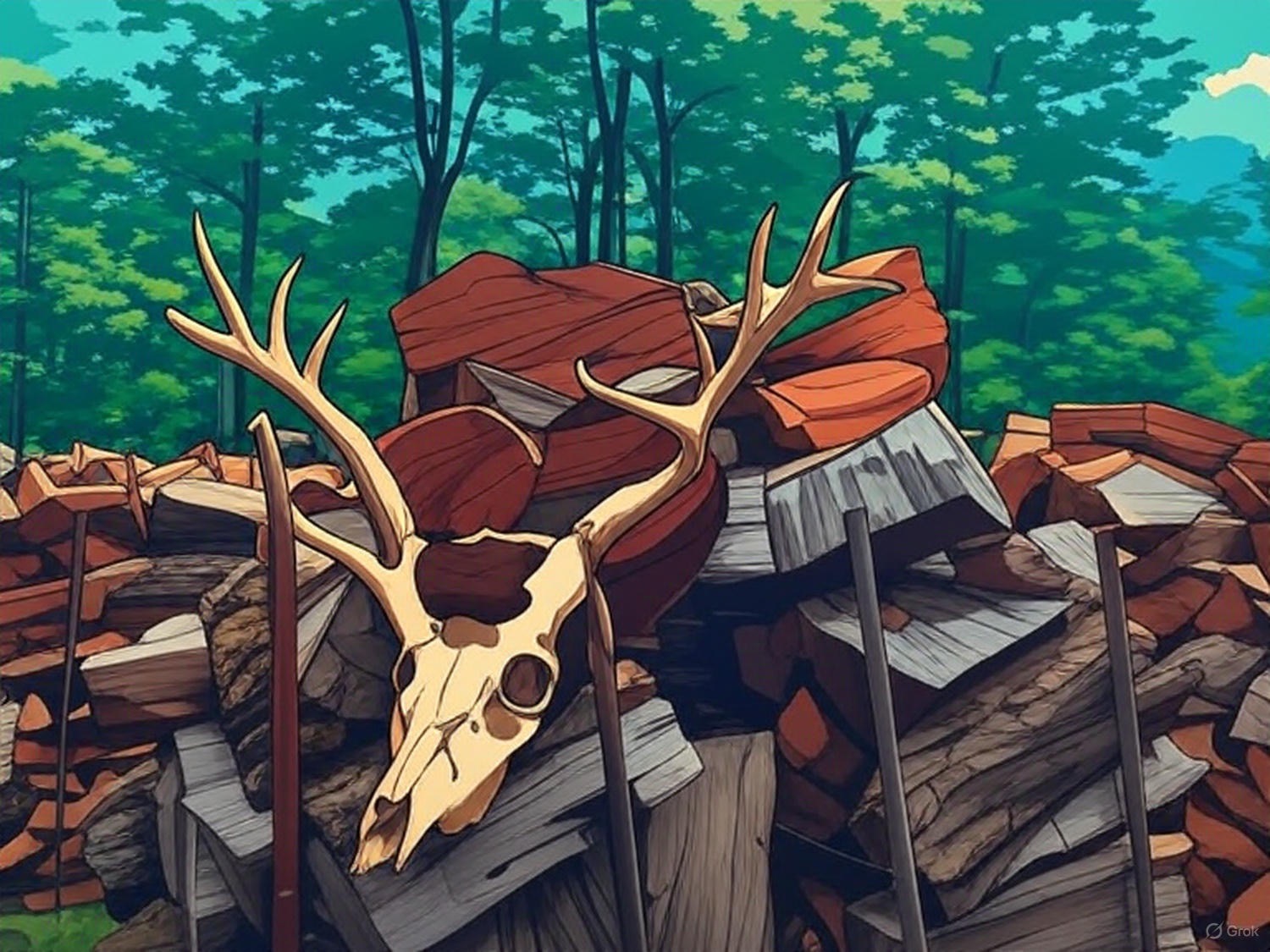 A stylized illustration of a deer skull on a pile of firewood in a forest